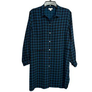J. Jill Blue and Black Button up Plaid Tunic Dress Shirt Size Large